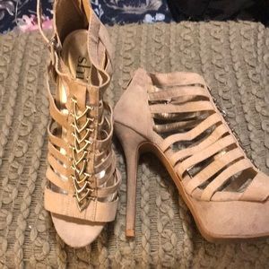 Light pink microsuede bootie heels